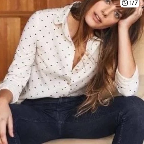 Sezane 42 US 10 Tomboy Shirt Ecru Blue Swiss Dot Cotton Linen ASO Meghan Markle - Picture 6 of 15
